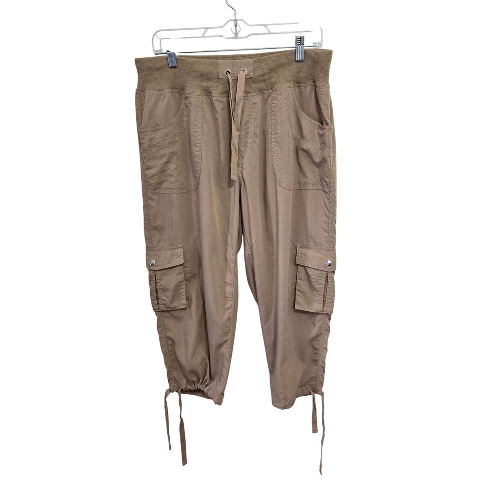 Mofiz Women Tan Khaki Cargo Capri Pants XL Elastic Waist Hiking Utility Cropped